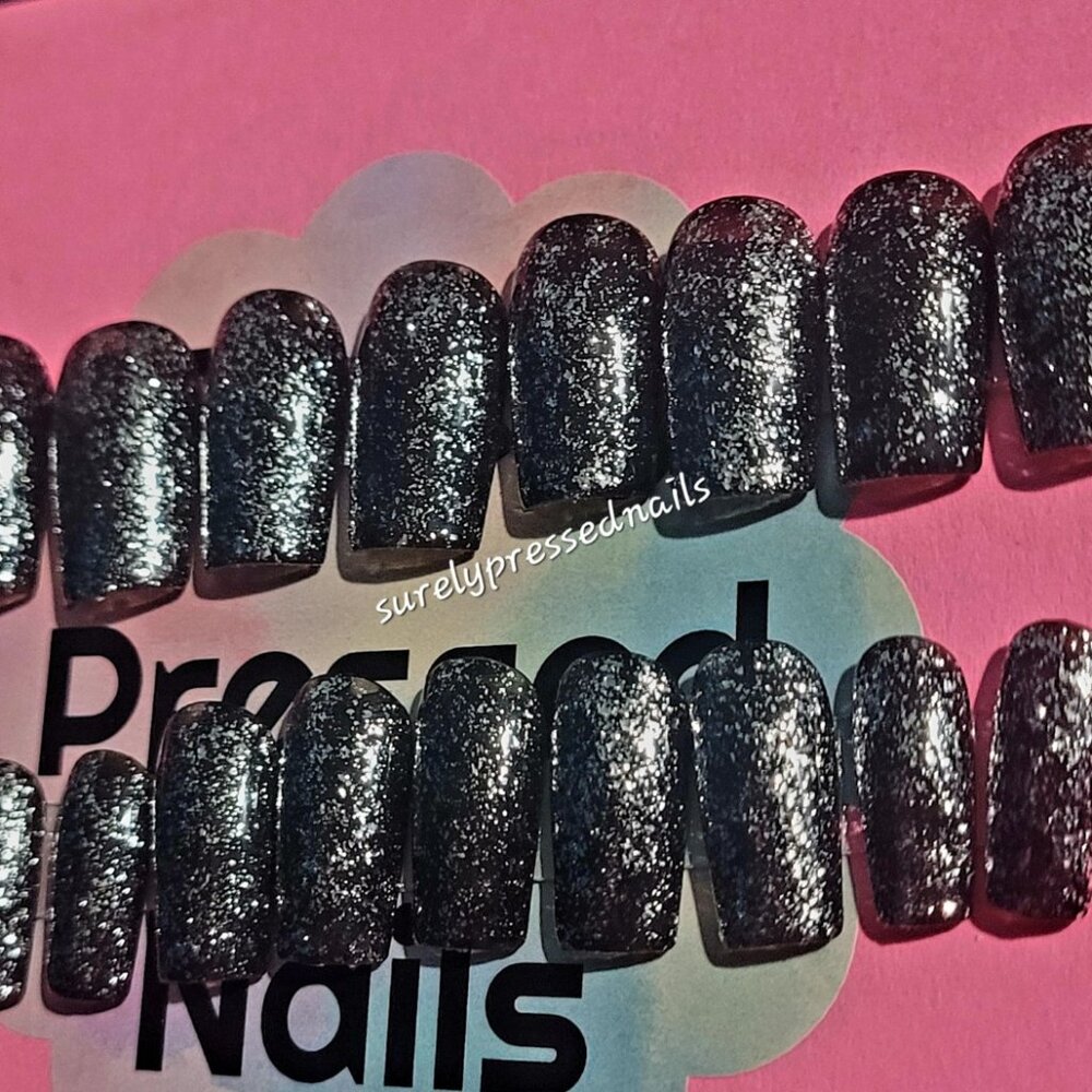Soft Gel Black Silver Shimmer Short Square Press on Nails